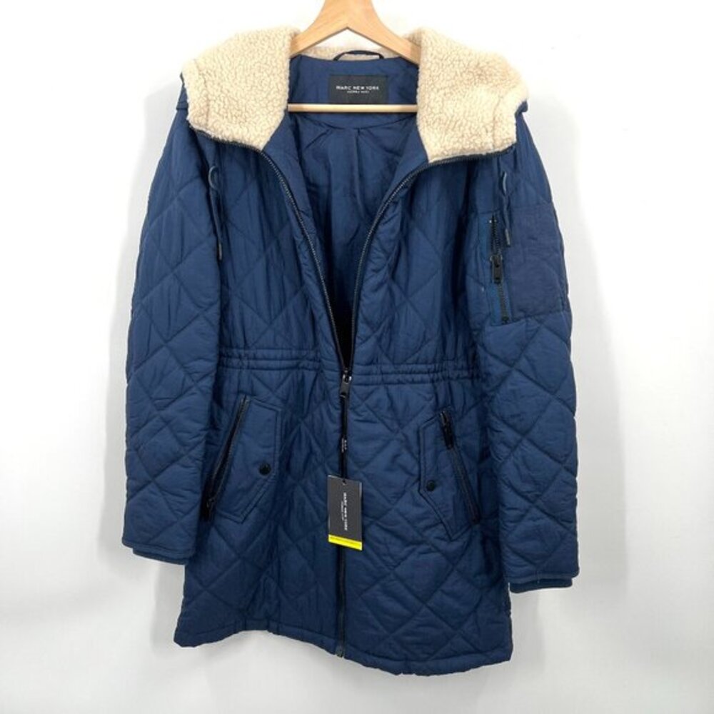 NEW Marc New York MNY quilted nylon jacket navy blue coat full zip hip‎ length S
